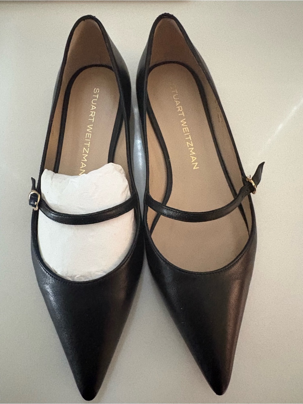 Stuart Weitzman Black Leather Pointed Mary Jane Flats with Strap